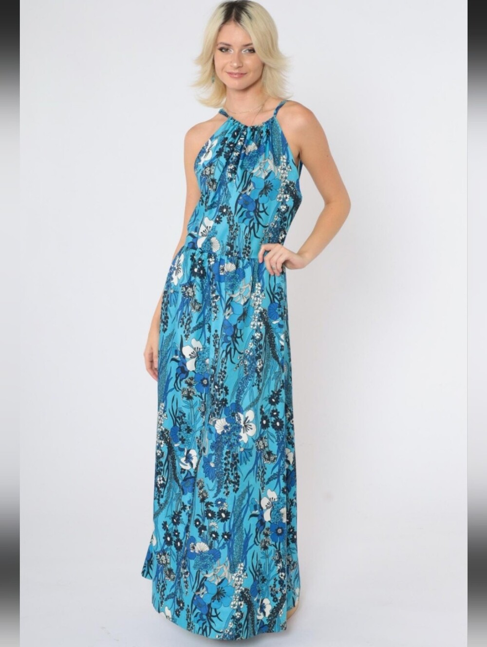 Nwt 18W Enfocus Studio Blue Floral Halter Maxi Dress